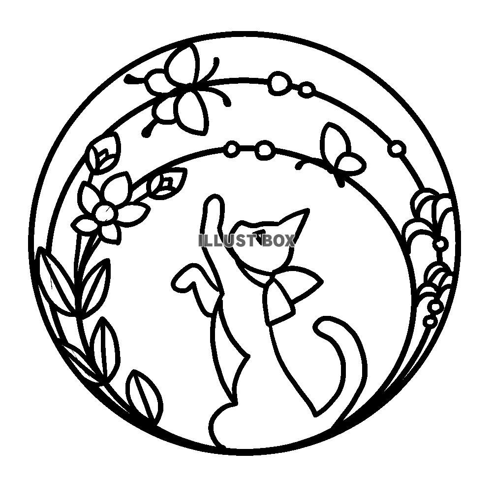 猫と風景のステンドグラス風イラスト・蝶の塗り絵