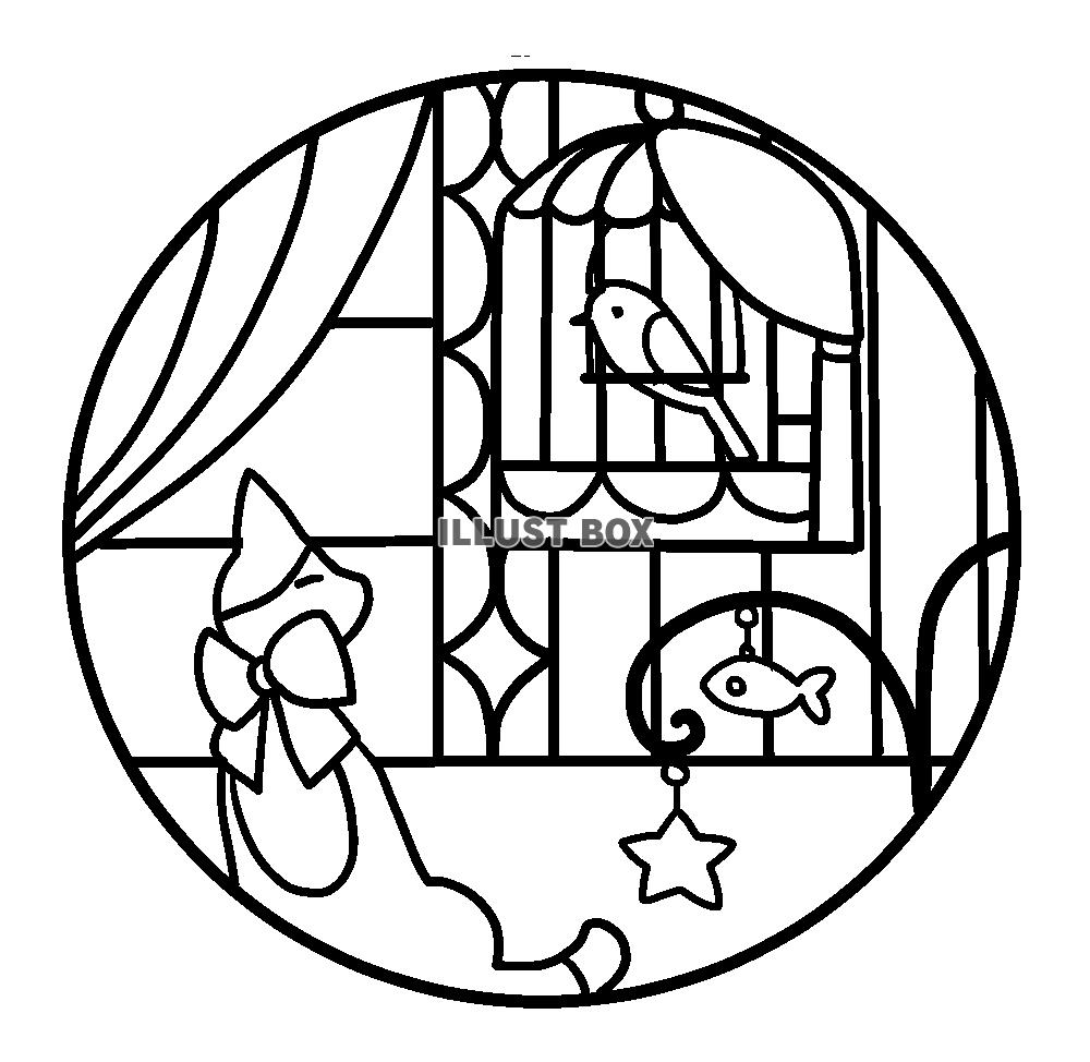 猫と飼い鳥のステンドグラス風イラスト・塗り絵