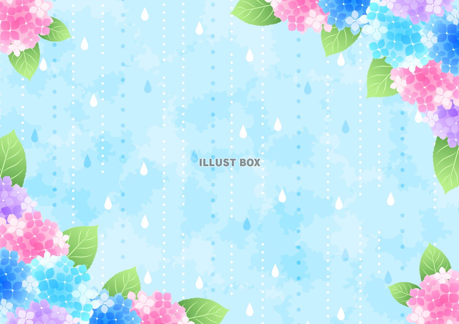 あじさい、梅雨、水彩、しずく、対角囲み、横