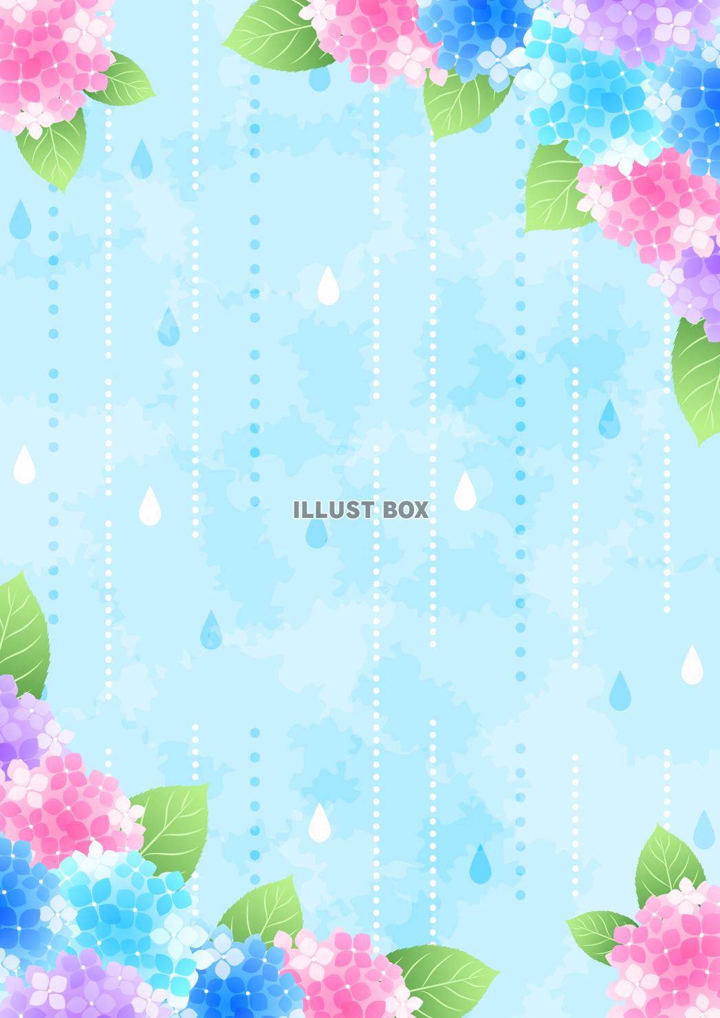 あじさい、梅雨、水彩、しずく、対角囲み、縦