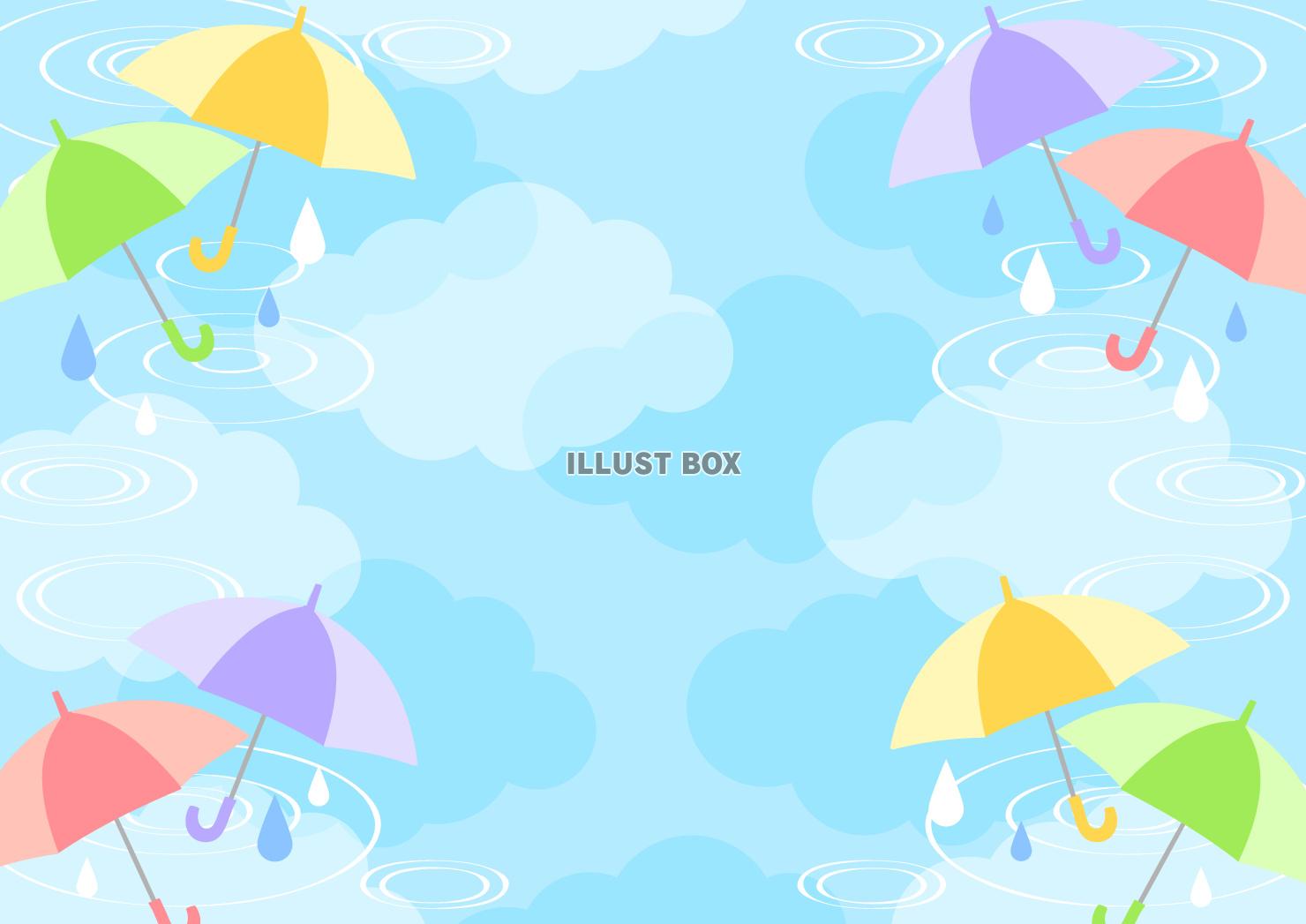 傘、梅雨、雨、波紋、雲、しずく、青、横