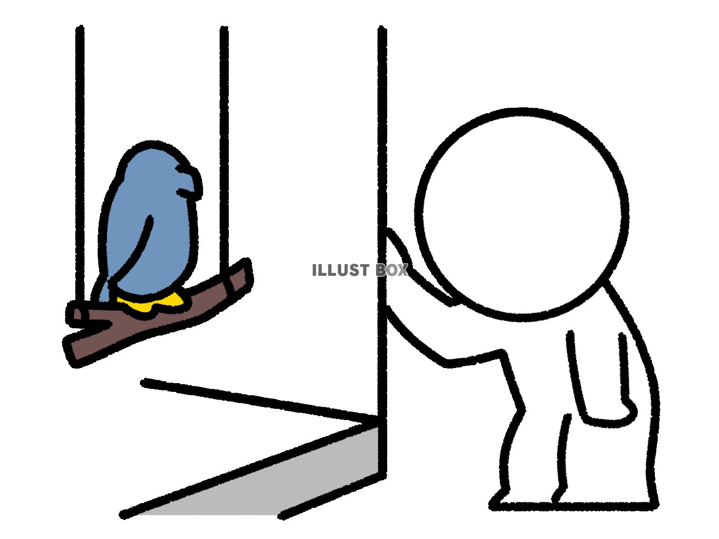 ケースの中の鳥を眺めている棒人間