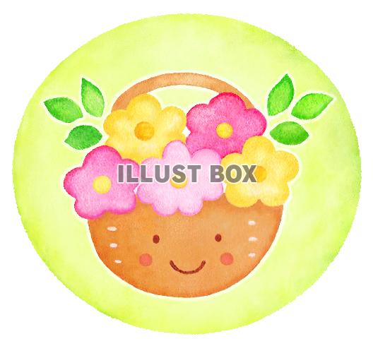 水彩の花かご（背景黄緑）