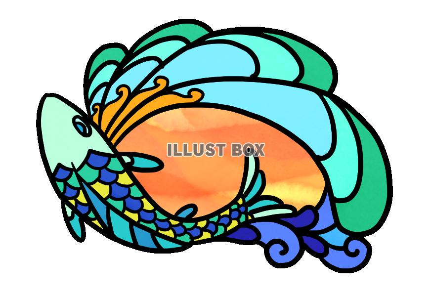 ステンドグラス風の波と魚・青