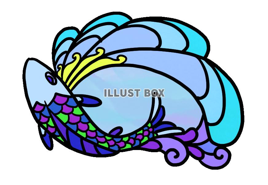 ステンドグラス風の波と魚・紫