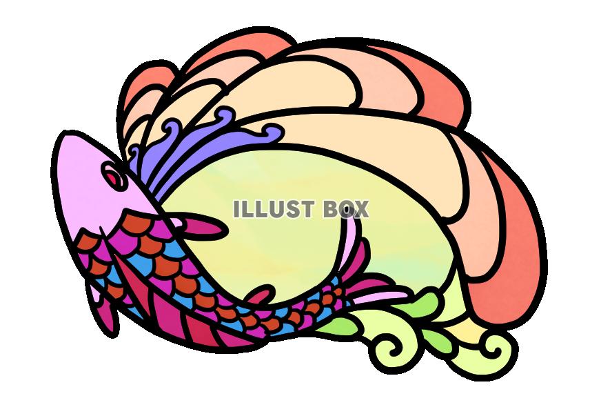 ステンドグラス風の波と魚・ピンク