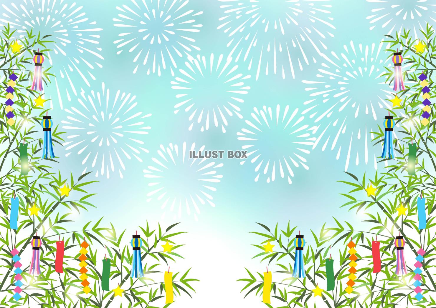 七夕、明るい、花火、笹飾り、横