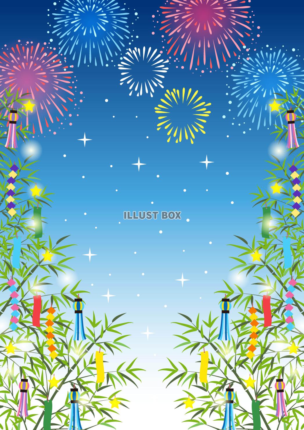 七夕、夜、花火、笹飾り、夏、縦