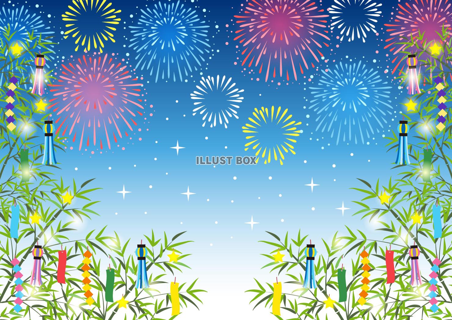 七夕、夜、花火、笹飾り、夏、横
