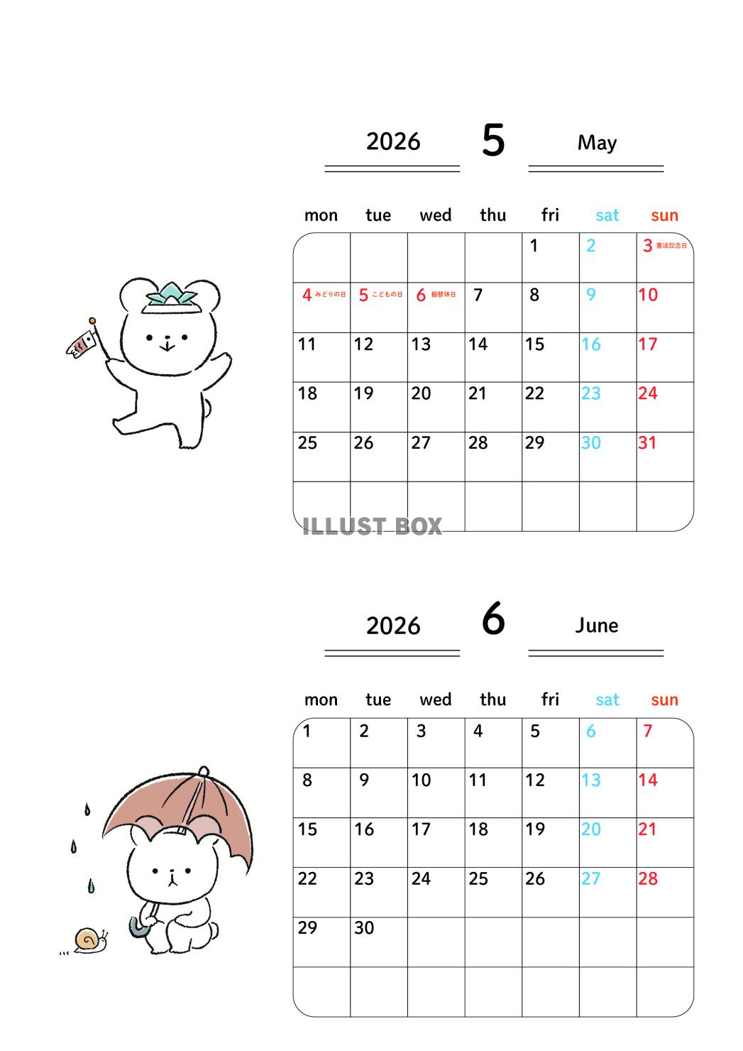 2026年5月6月_2ヶ月カレンダー＿月曜始まり