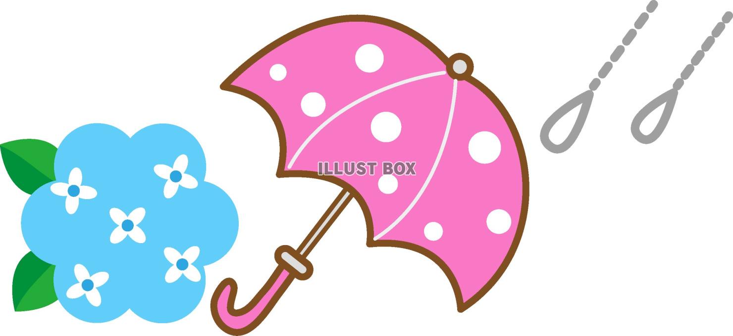 ６月のイメージのイラスト、アジサイの花と傘