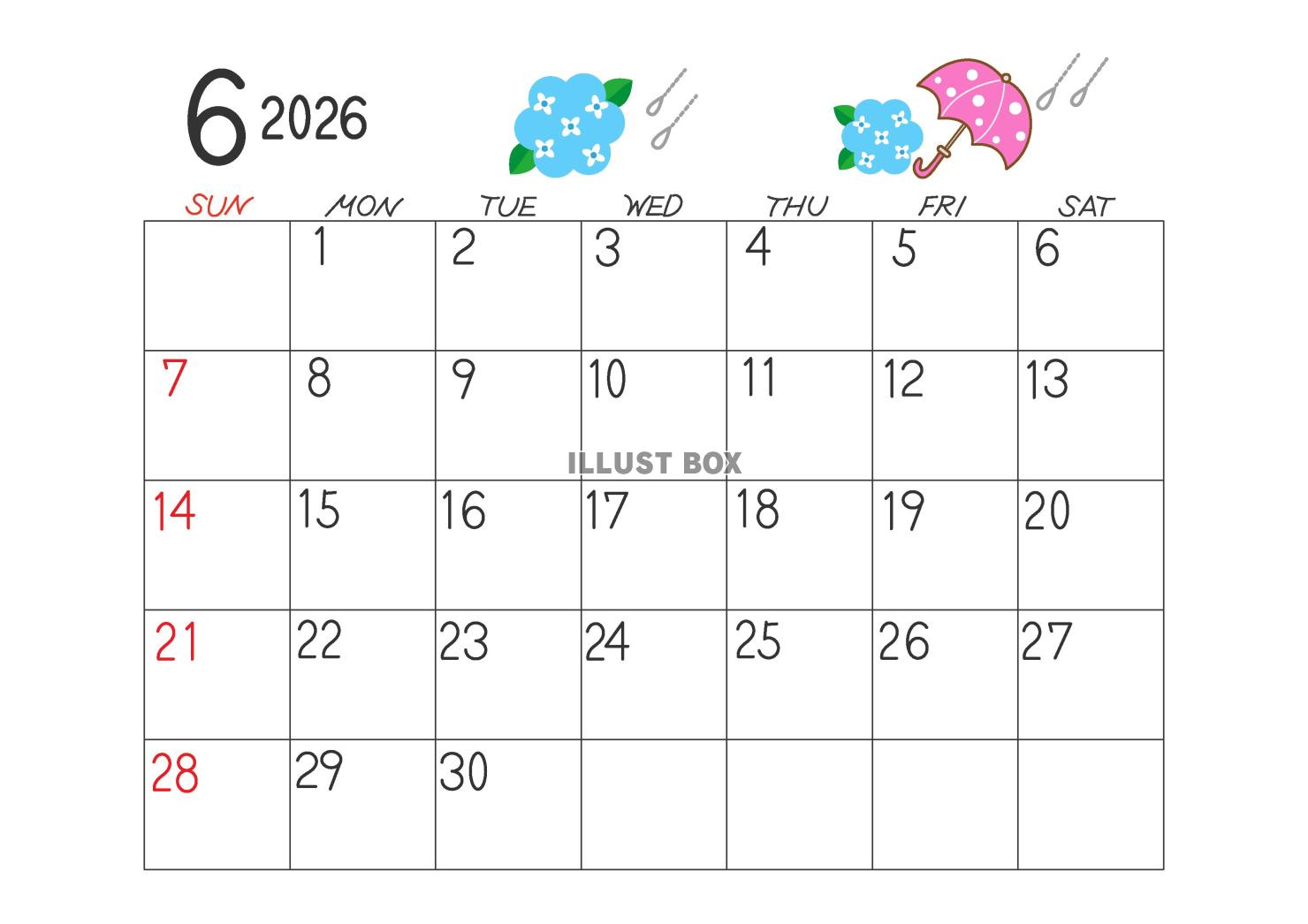 令和8年、2026年、6月の横型カレンダー