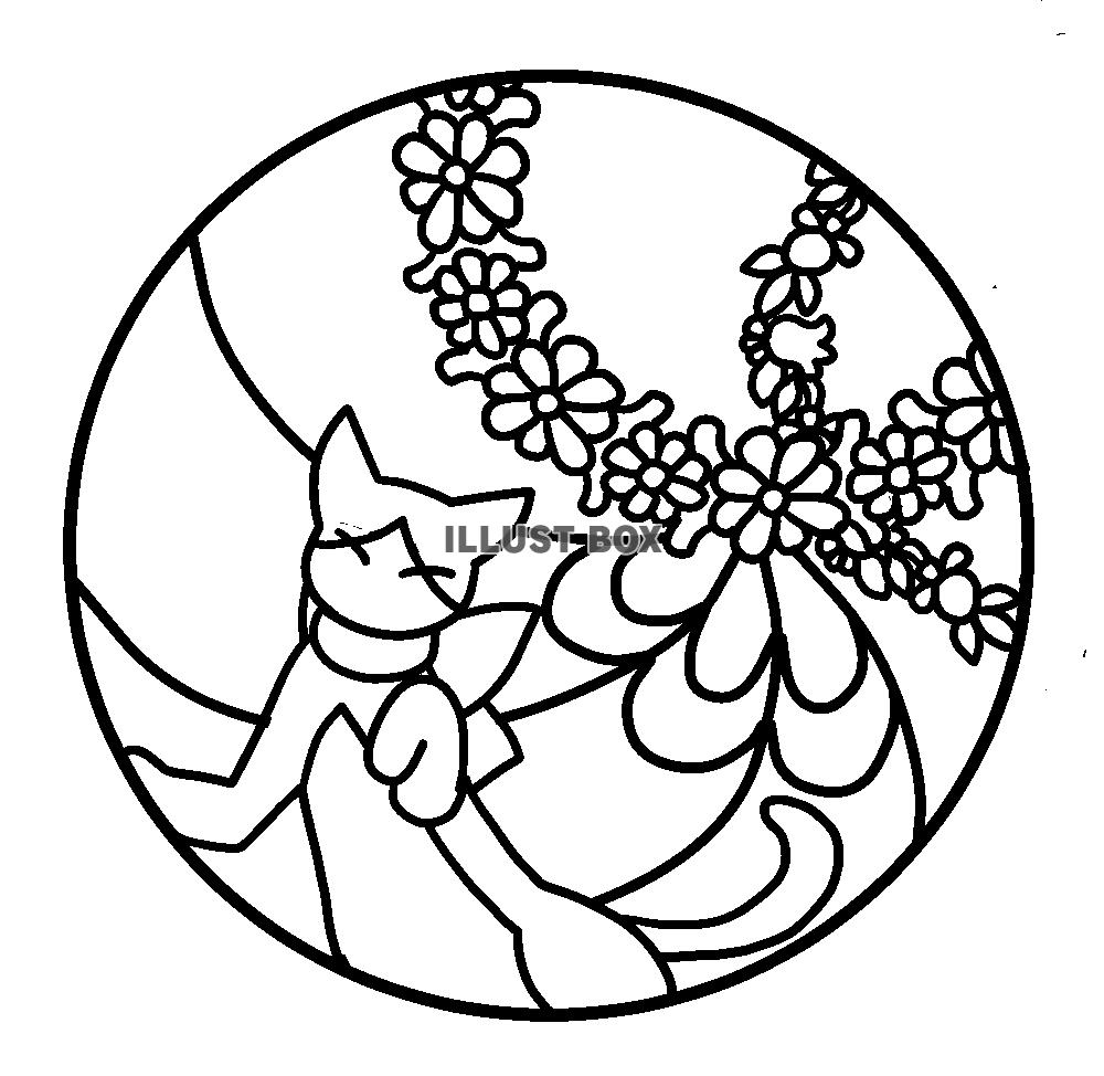 猫と花のステンドグラス風イラスト・花輪の塗り絵