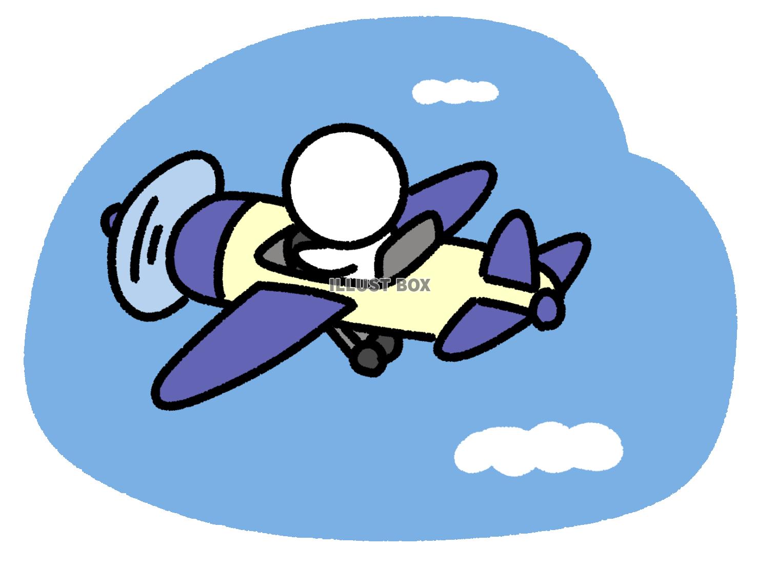 青空で飛行機を操縦する棒人間