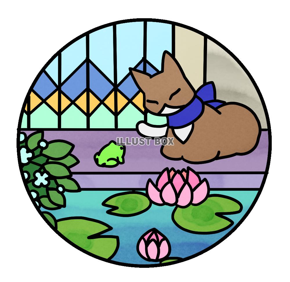 猫と花のステンドグラス風イラスト・睡蓮