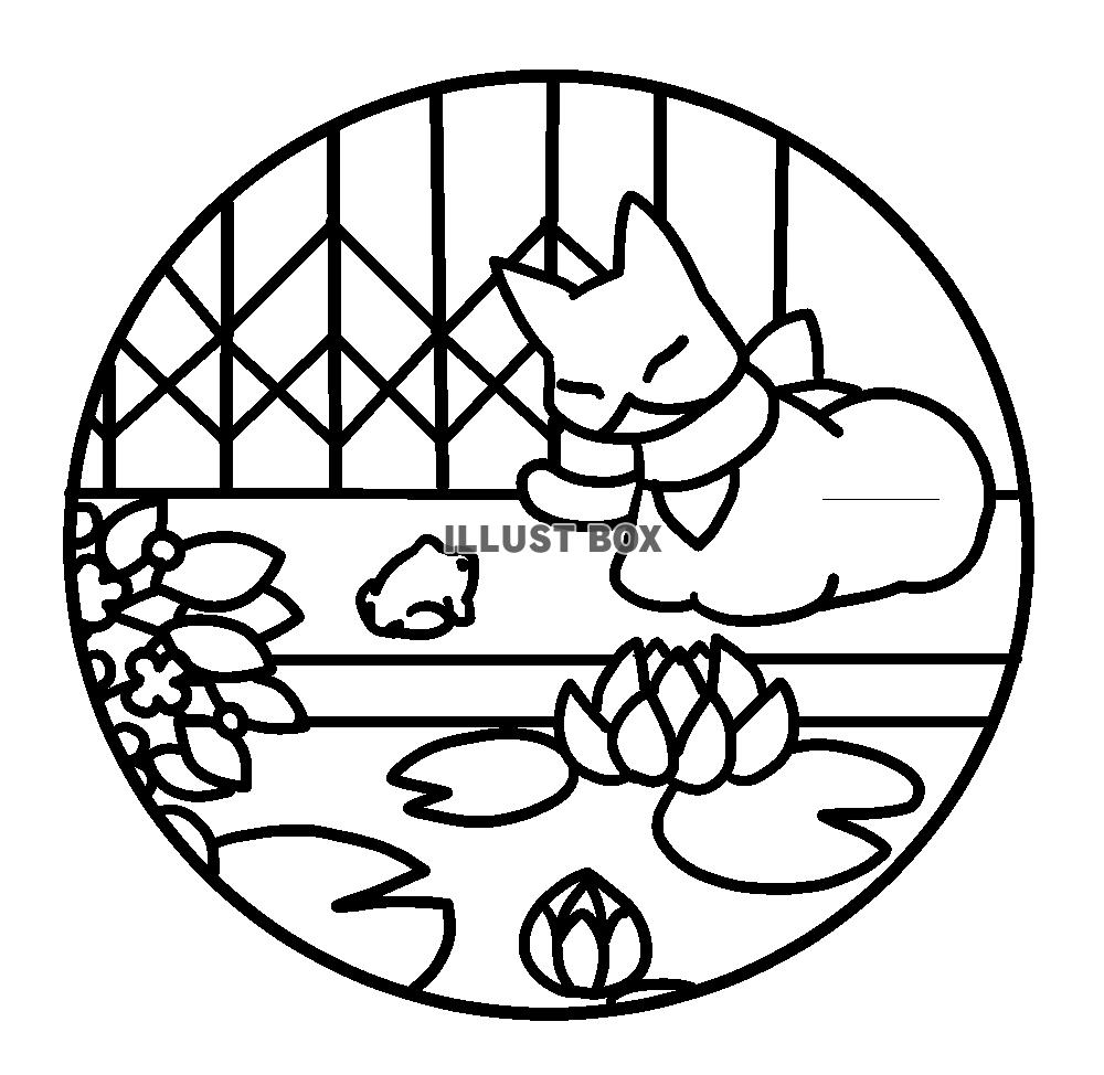 猫と花のステンドグラス風イラスト・睡蓮の塗り絵