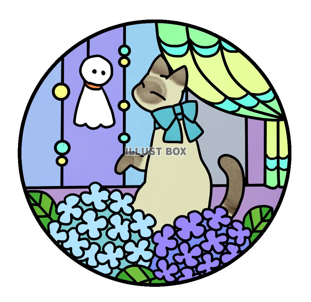 猫と花のステンドグラス風イラスト・紫陽花