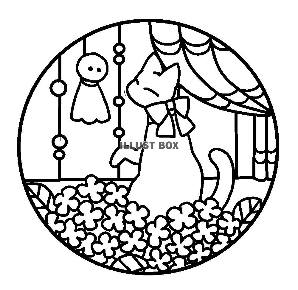 猫と花のステンドグラス風イラスト・紫陽花塗り絵