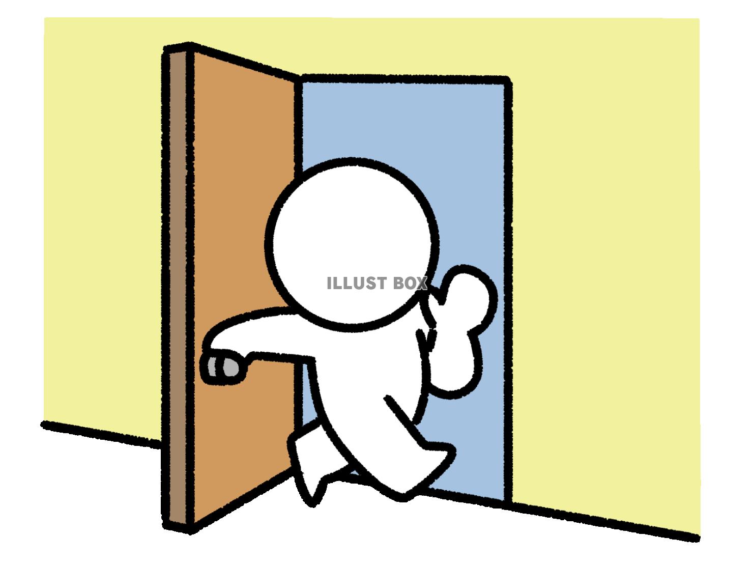 挨拶しながら部屋に入っていく棒人間