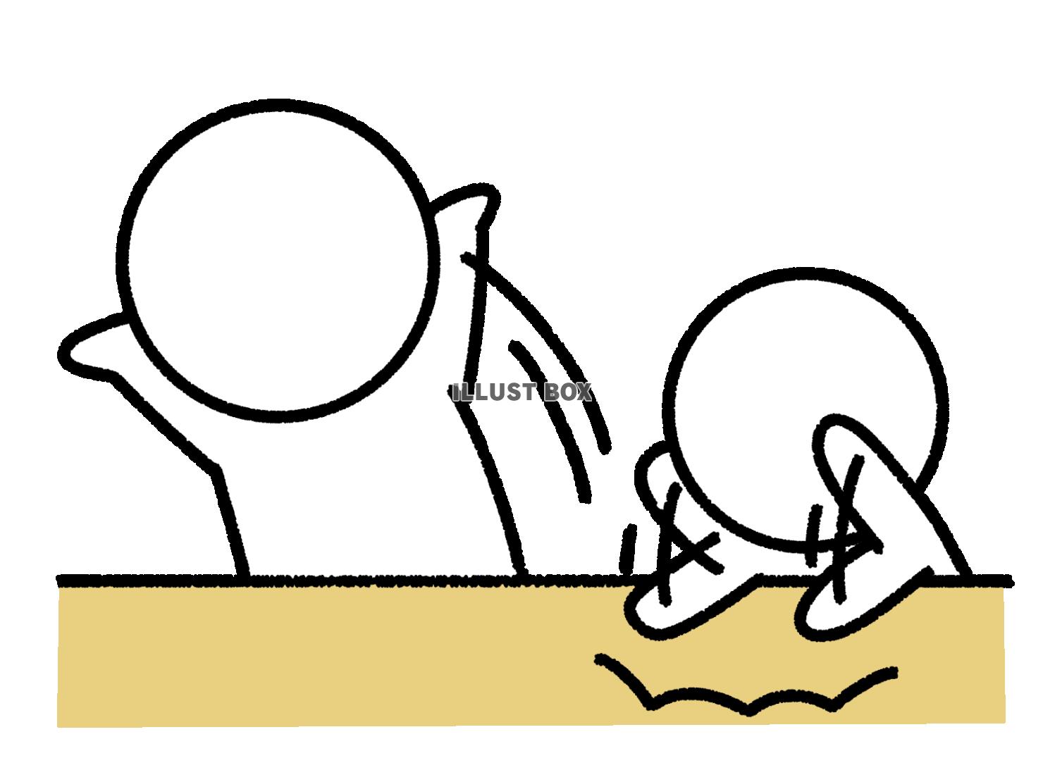 机をどんどん叩く子供に驚く棒人間