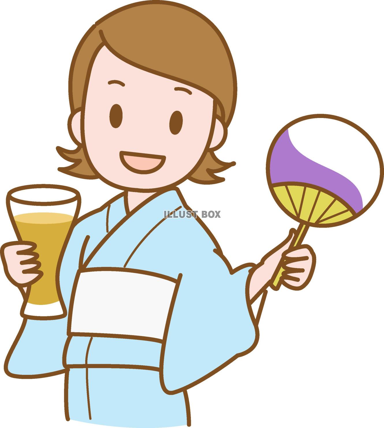夏祭りでビールを飲む浴衣姿の女性