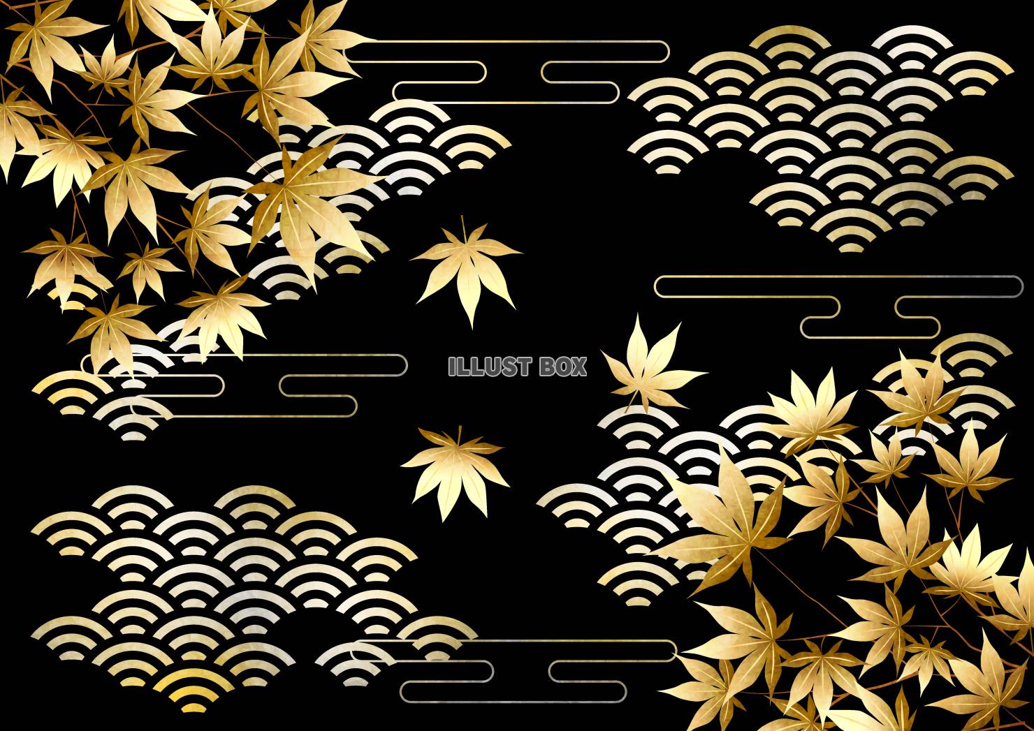 紅葉、和柄、黒、金、秋、雲、横