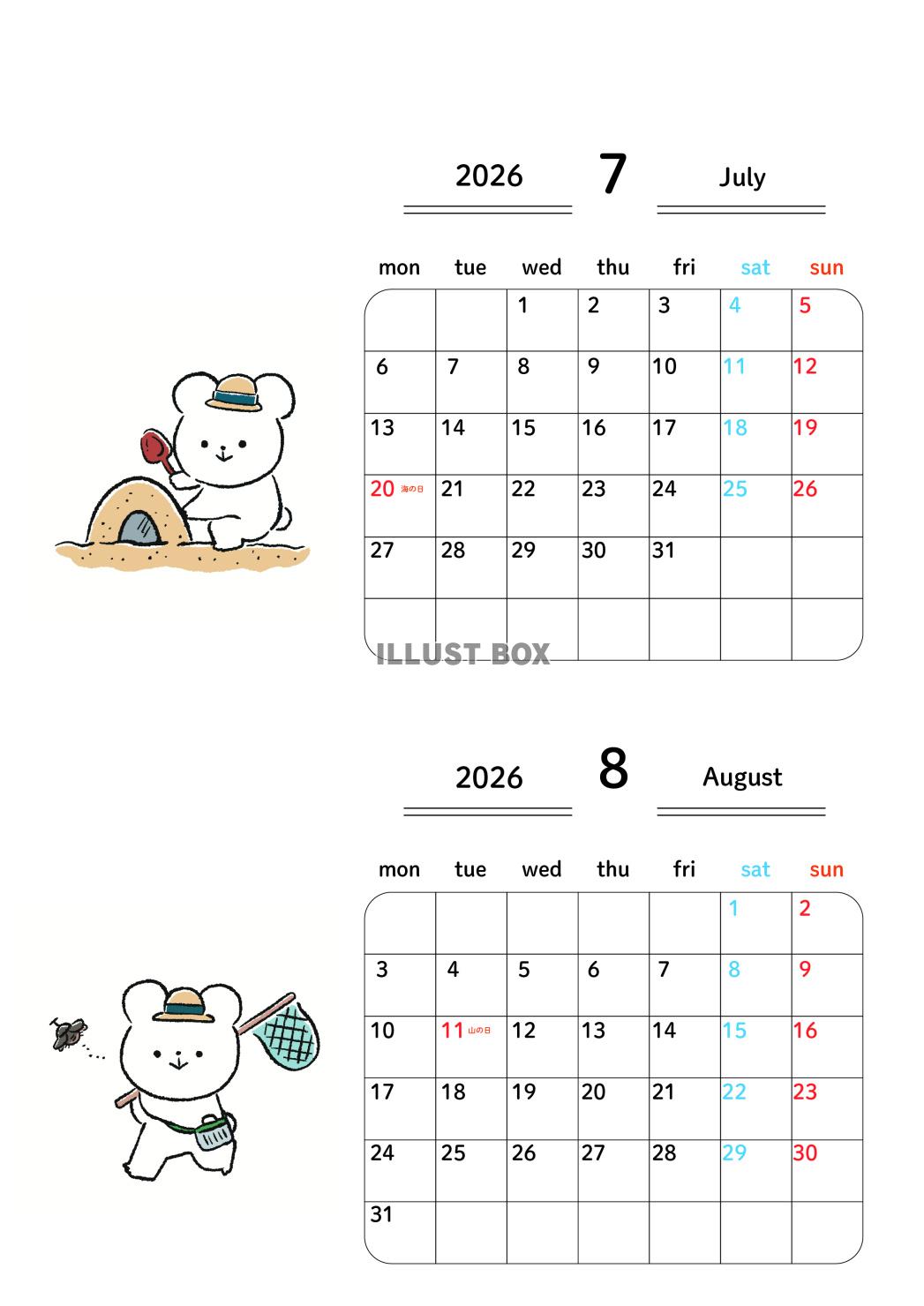 2026年7月8月_2ヶ月カレンダー、月曜始まり