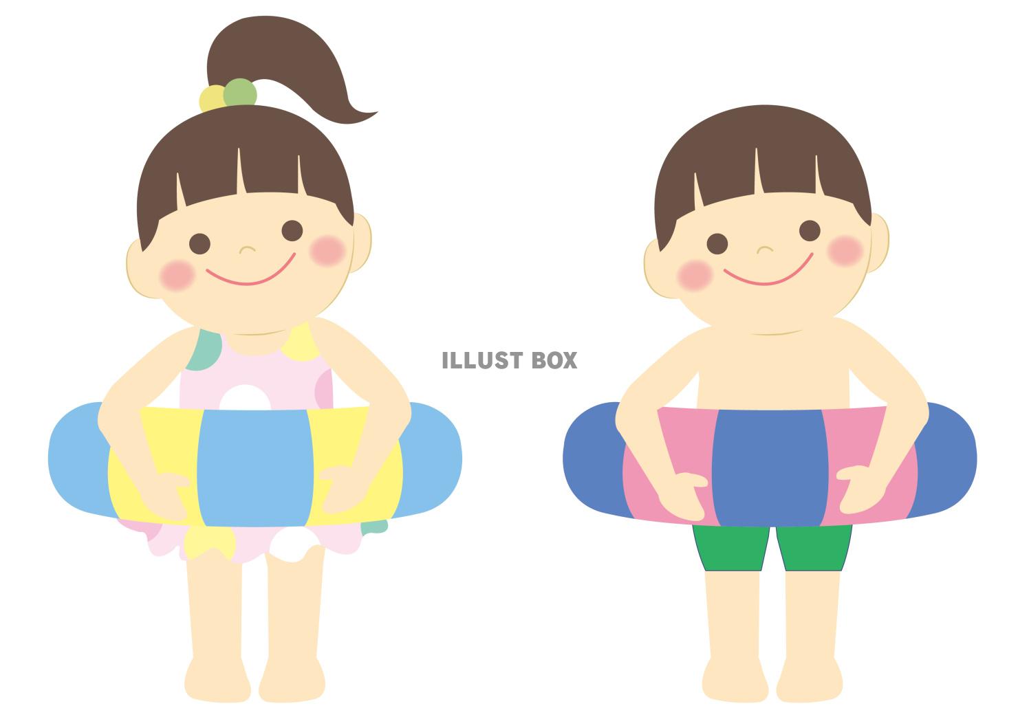浮き輪をつけた水着の男の子と女の子