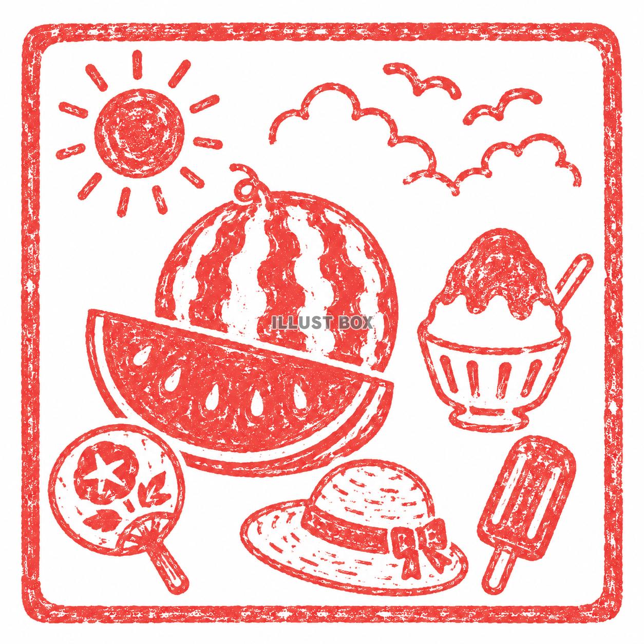 ハンコ風　夏の思い出イラスト