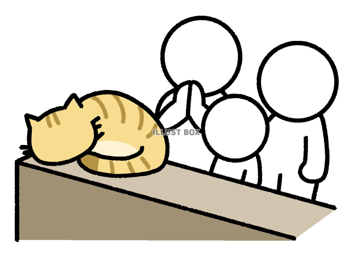 塀の上で寝ている猫を眺める3人の棒人間