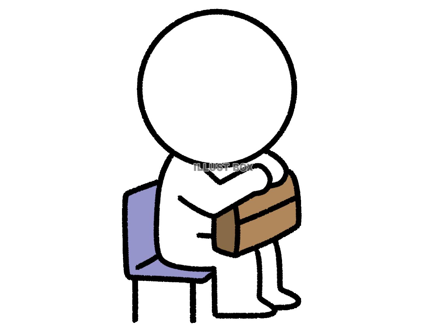 鞄を膝の上にのせて座る棒人間