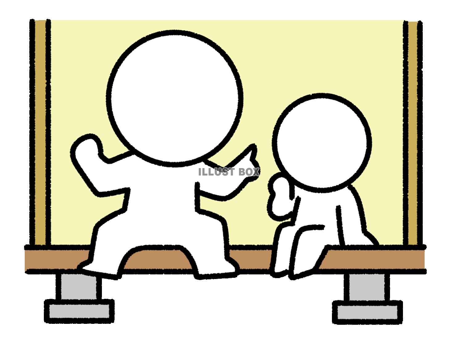 縁側で話をする棒人間の親子