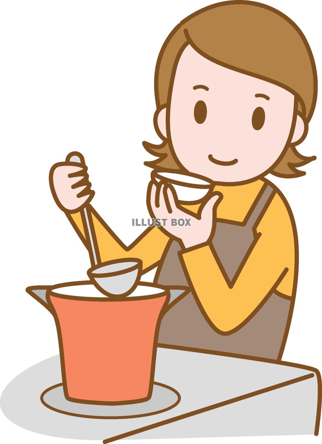料理の味見をする女性