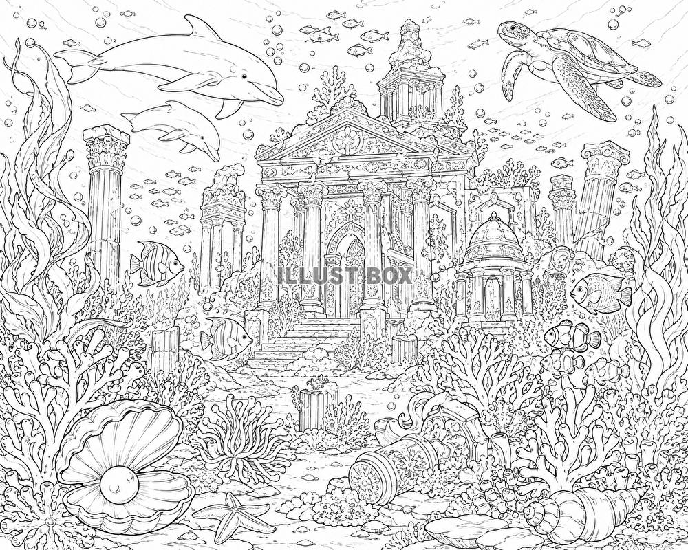 ぬりえ　海底神殿とサンゴ礁