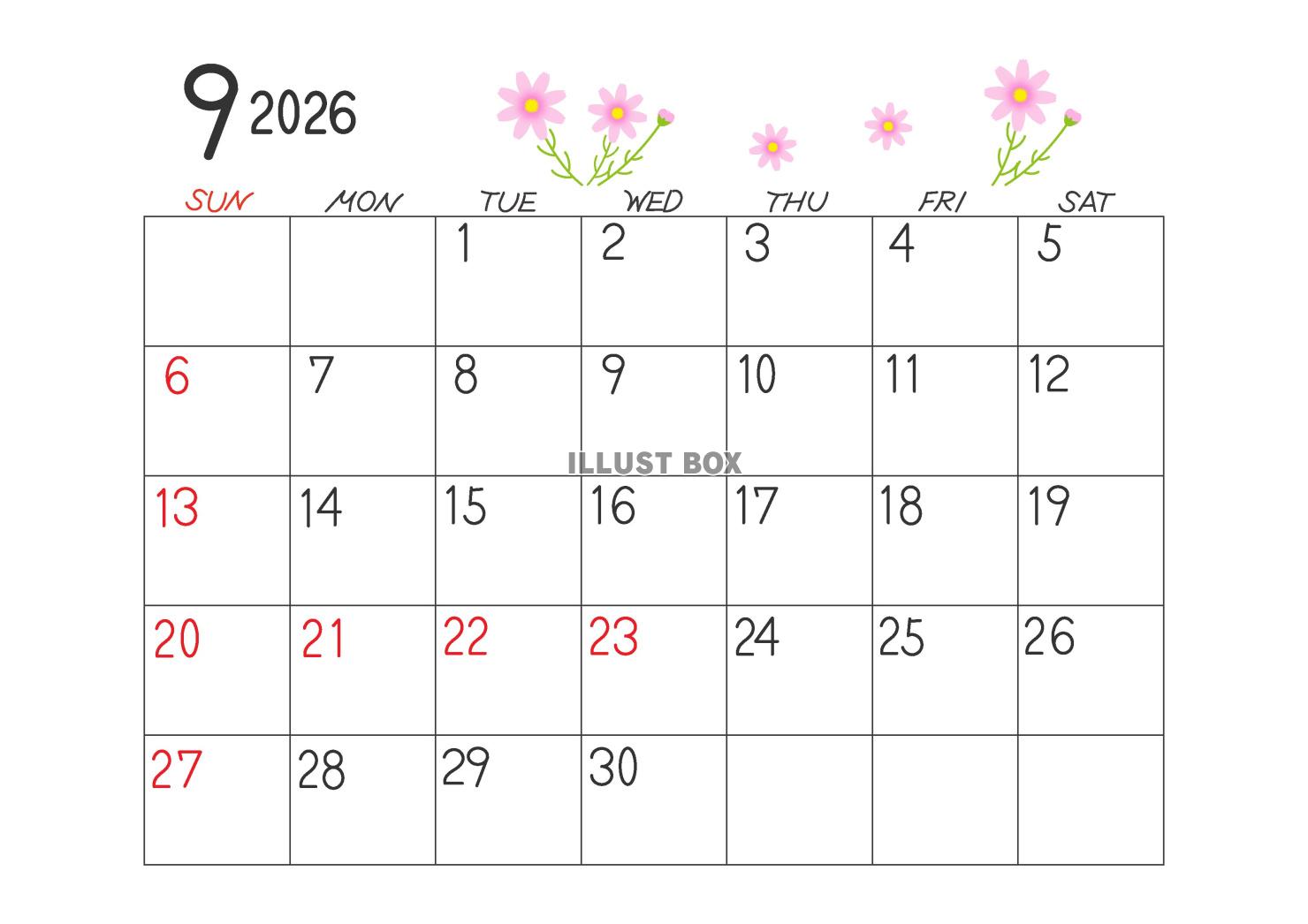 令和８年、2026年、9月横型カレンダー