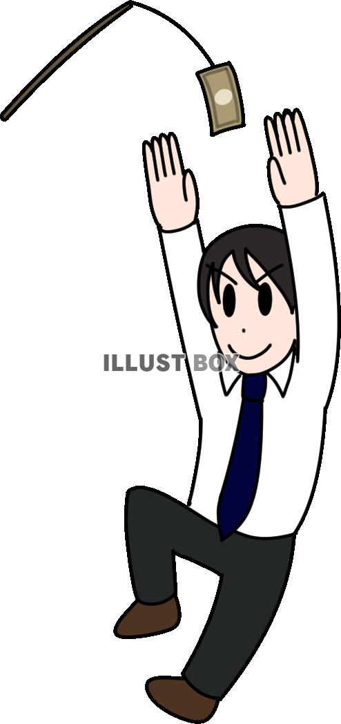 吊り下げられたお札にジャンプするサラリーマン