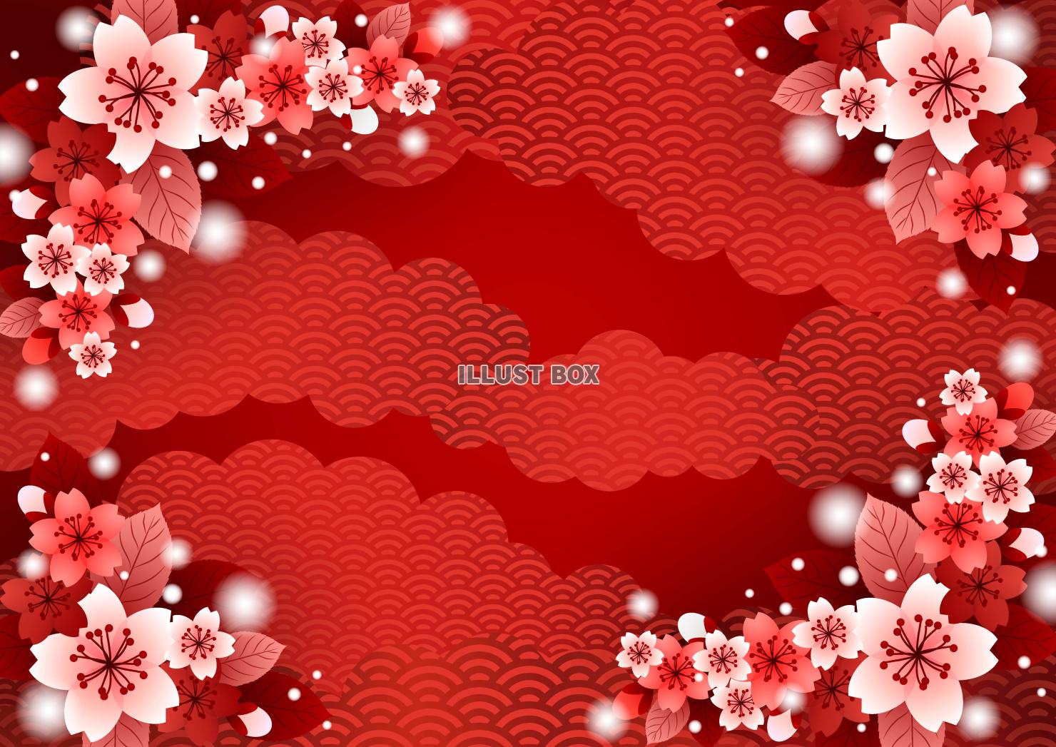 桜、和柄、赤、春、雲、横