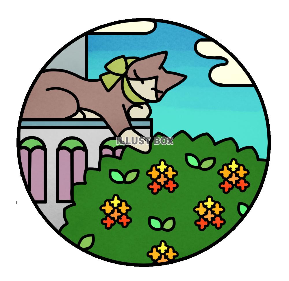 猫と花のステンドグラス風イラスト・金木犀