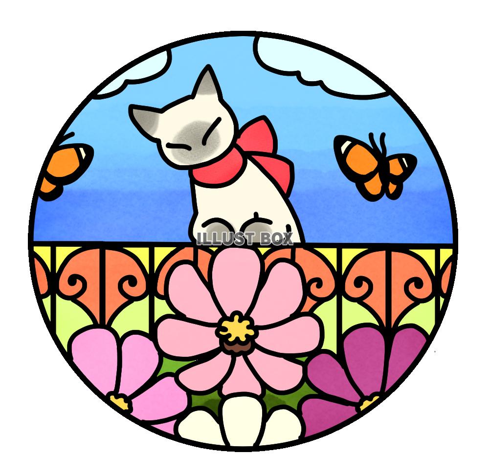 猫と花のステンドグラス風イラスト・コスモス