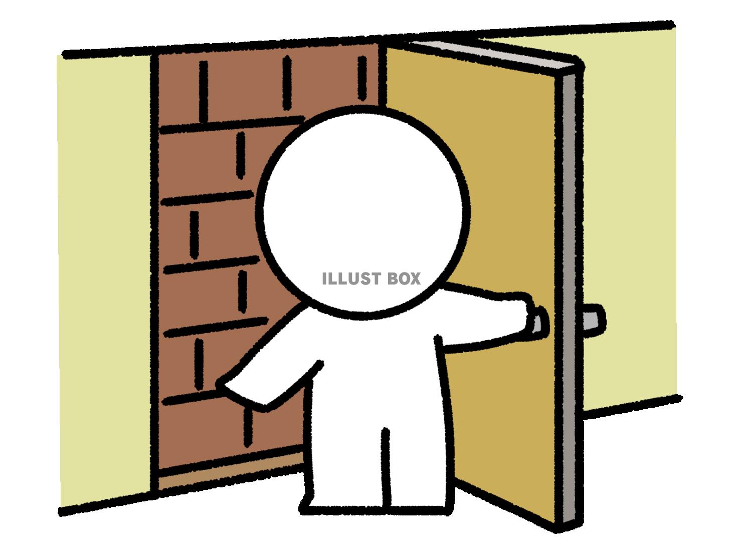 扉を開けたらレンガの壁だったことに驚く棒人間