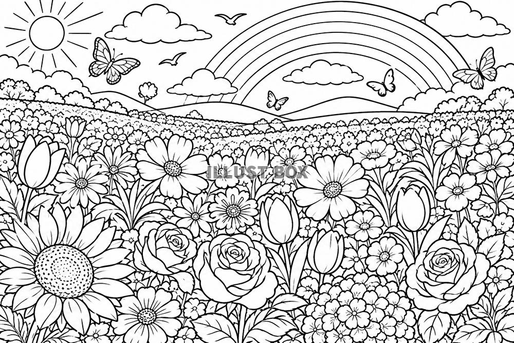 ぬりえ　花畑と虹のパノラマ風景