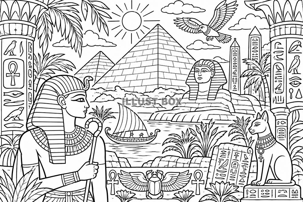 ぬりえ　古代エジプト風の線画風景