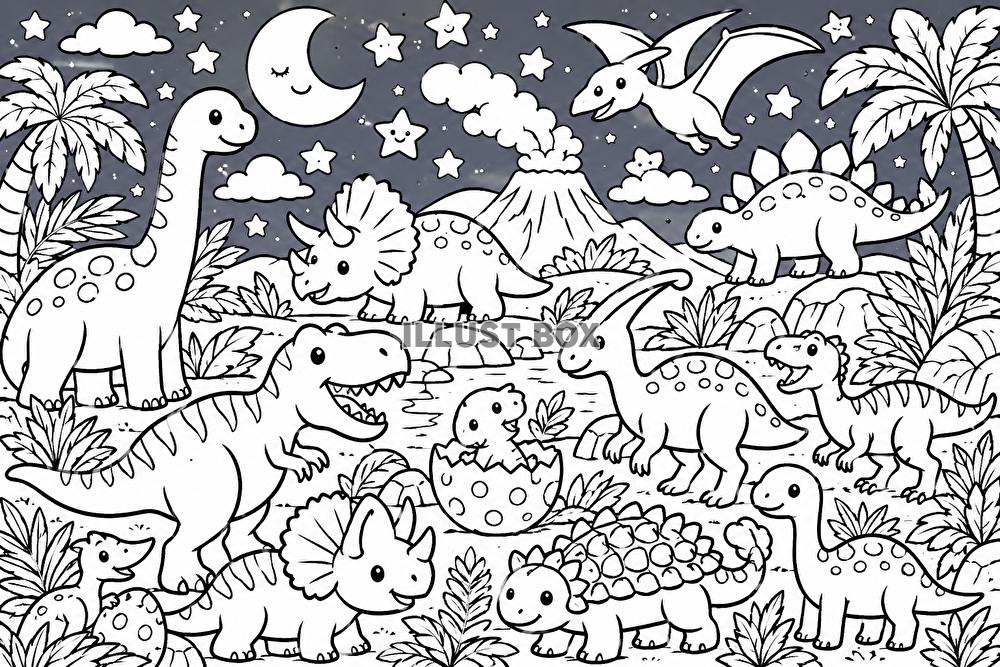 ぬりえ　月夜の恐竜たちの楽しい冒険