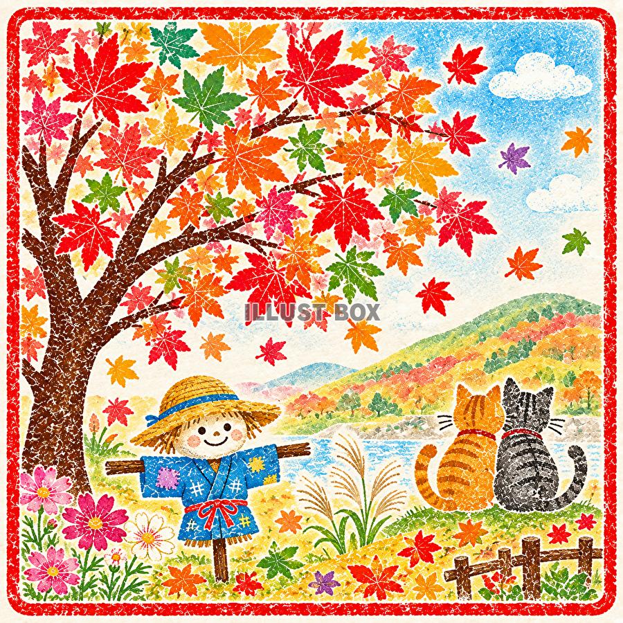 かかしと仲良しねこちゃん二人　ハンコ風