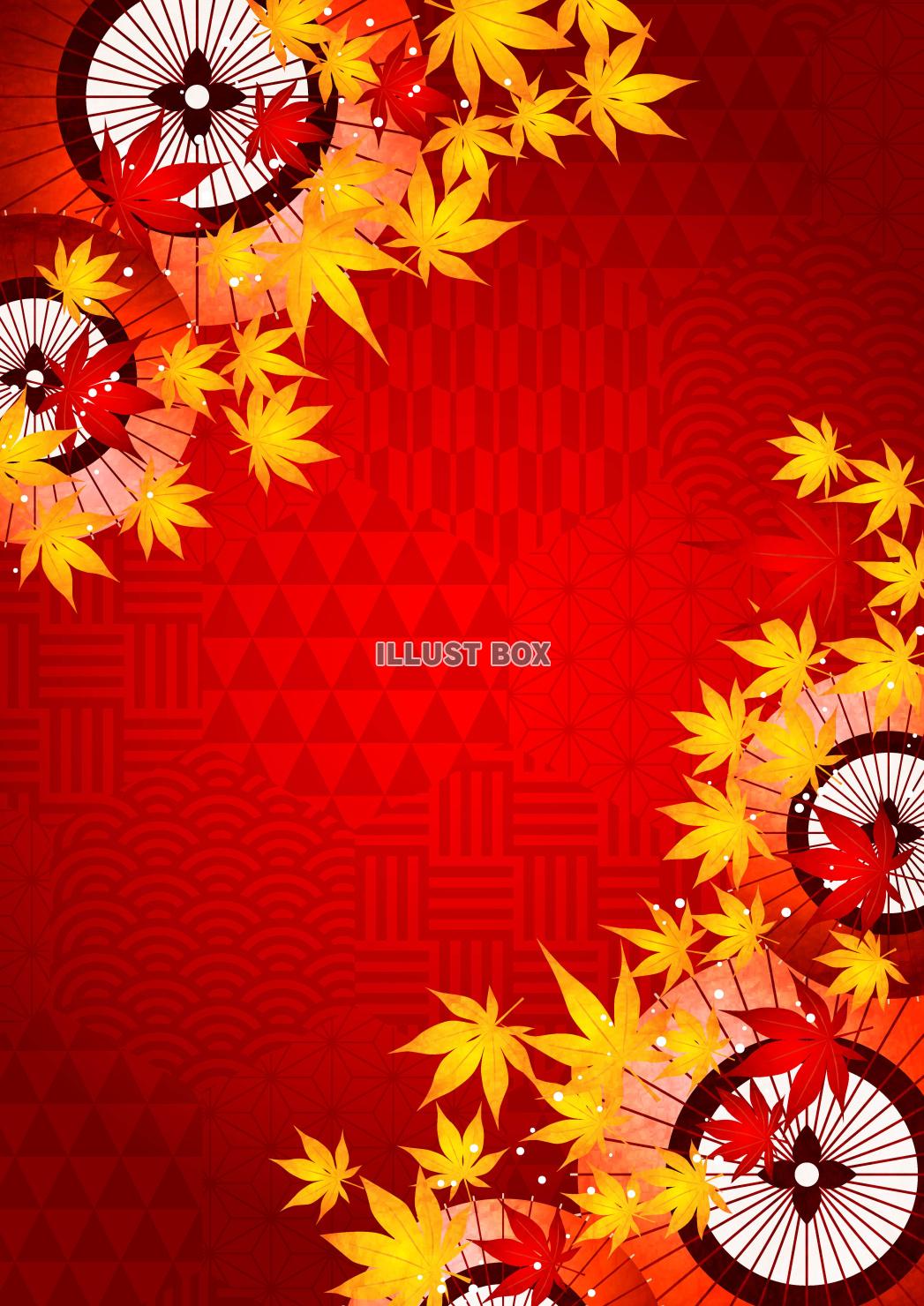 紅葉、赤ハニカム和柄、秋、和傘、縦
