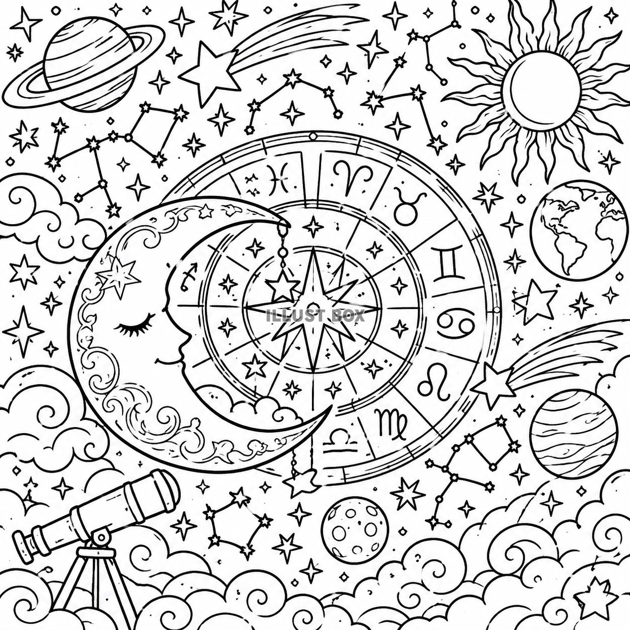 ぬりえ　星空の月と星座占い盤