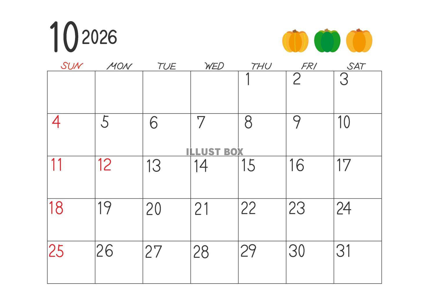 令和８年、2026年10月の横型のカレンダー