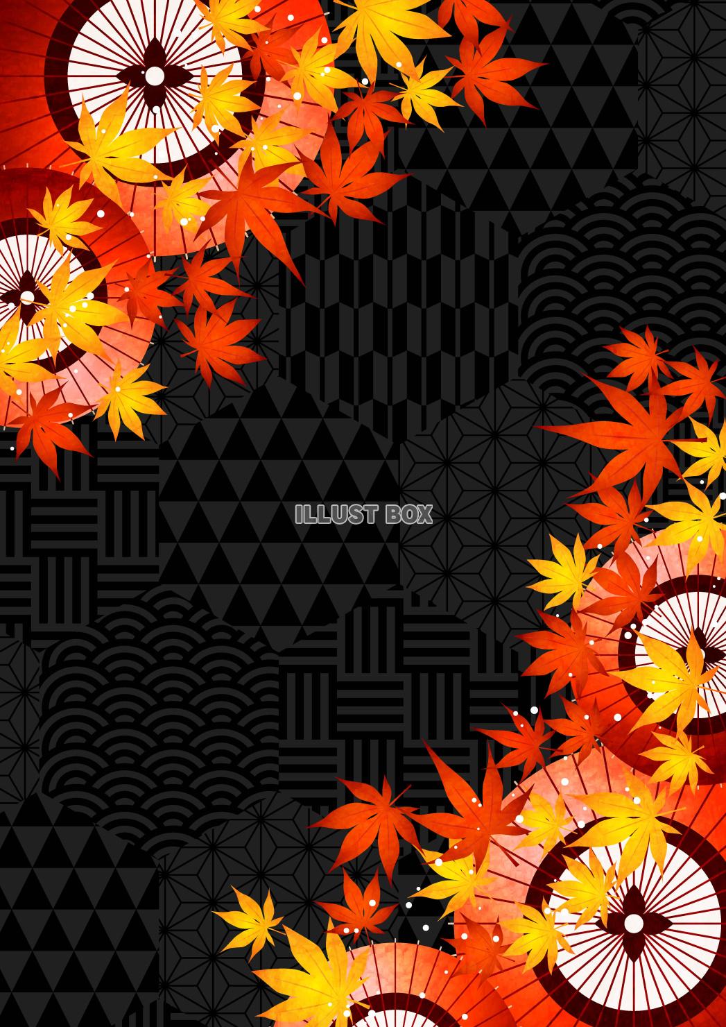 紅葉、黒ハニカム和柄、秋、和傘、縦