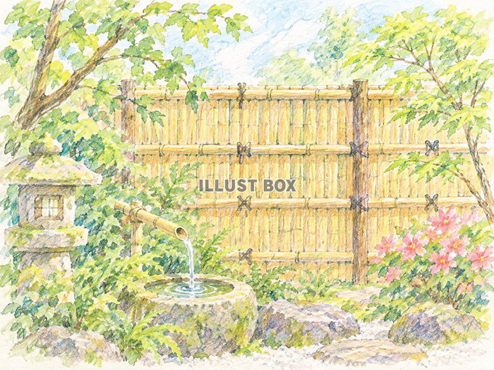水音響く竹垣の日本庭園