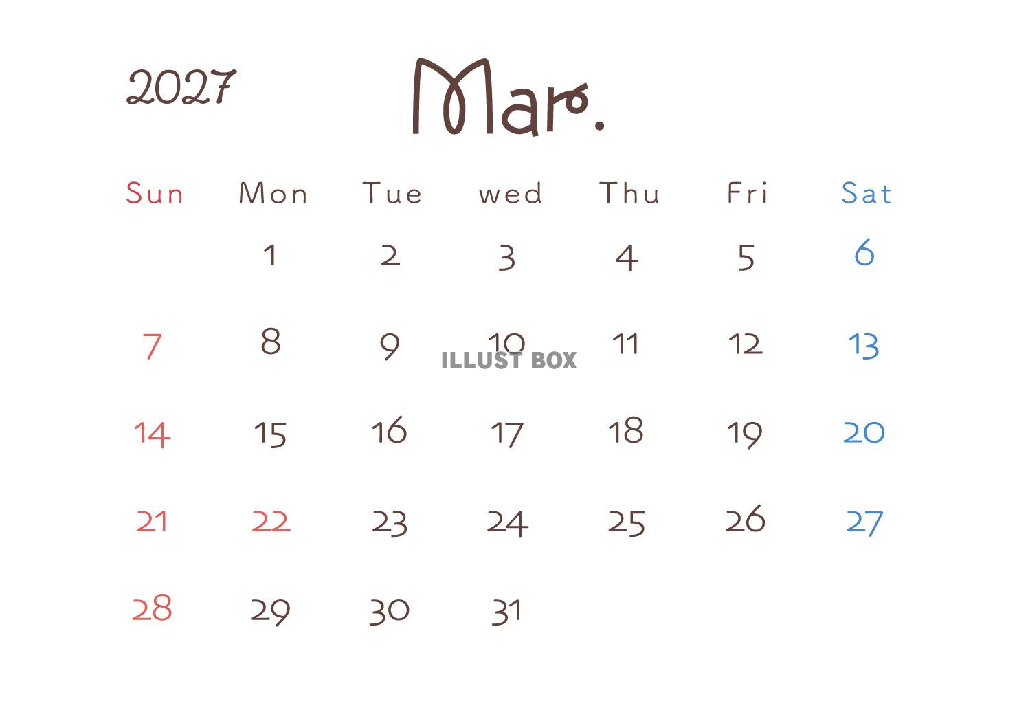 2027年3月カレンダー